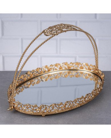 Plateau Doré Ovale avec Bordure Perlée et Poignée Arquée 28/20cm - Zeyve
