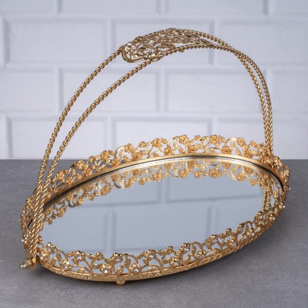 Plateau Doré Ovale avec Bordure Perlée et Poignée Arquée 28/20cm - Zeyve