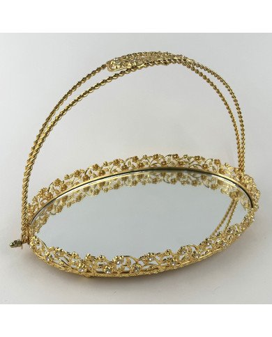 Plateau Doré Ovale avec Bordure Perlée et Poignée Arquée 28/20cm - Zey