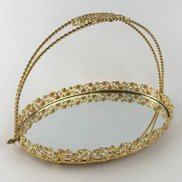 Plateau Doré Ovale avec Bordure Perlée et Poignée Arquée 28/20cm - Zey