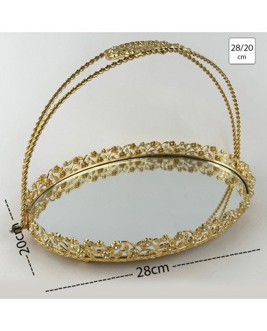 Plateau Doré Ovale avec Bordure Perlée et Poignée Arquée 28/20cm - Zey