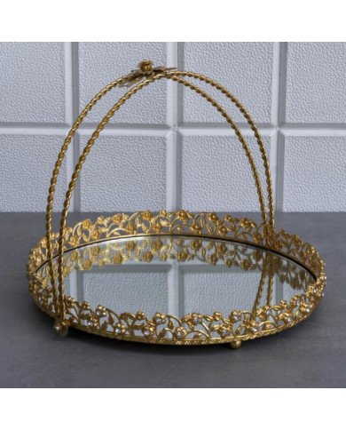 Plateau Doré Rond avec Bordure Perlée et Poignée Arquée Ø25 cm - Zeyve