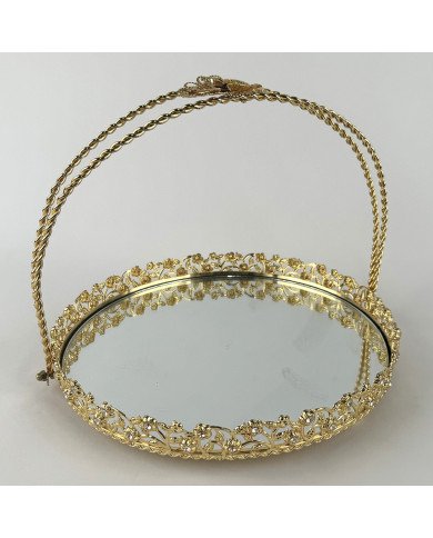 Plateau Doré Rond avec Bordure Perlée et Poignée Arquée Ø25 cm - Zeyve