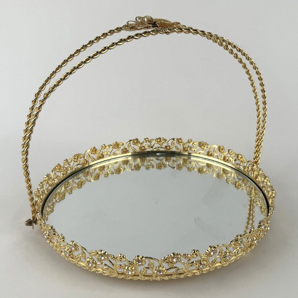 Plateau Doré Rond avec Bordure Perlée et Poignée Arquée Ø25 cm - Zeyve