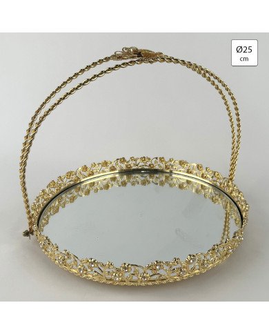 Plateau Doré Rond avec Bordure Perlée et Poignée Arquée Ø25 cm - Zeyve