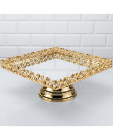 Plateau Doré Carré avec Bordure Perlée sur Pied 25/25 cm - Zeyve