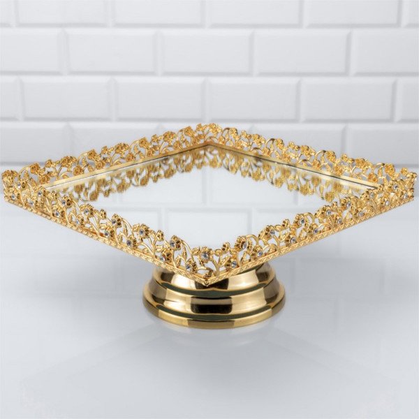 Plateau Doré Carré avec Bordure Perlée sur Pied 25/25 cm - Zeyve