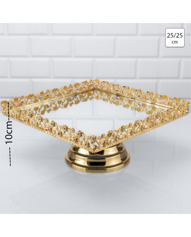 Plateau Doré Carré avec Bordure Perlée sur Pied 25/25 cm - Zeyve