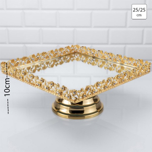 Plateau Doré Carré avec Bordure Perlée sur Pied 25/25 cm - Zeyve