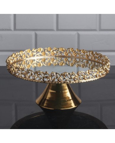 Plateau Doré Rond avec Bordure Perlée sur Pied Ø25 cm - Zeyve