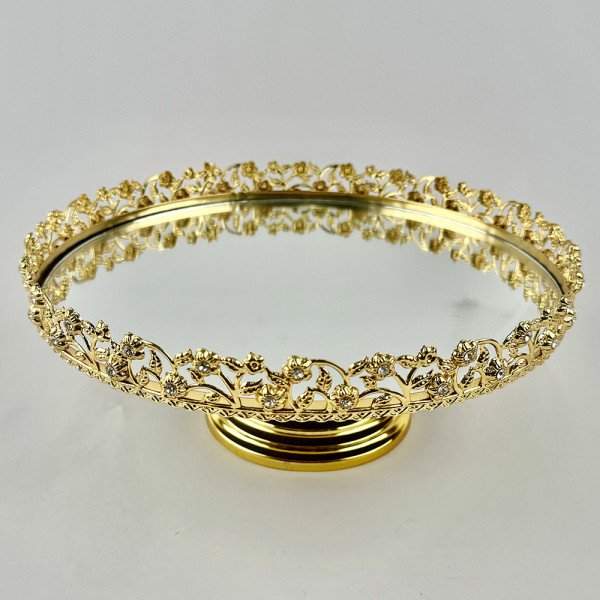 Plateau Doré Rond avec Bordure Perlée sur Pied Ø25 cm - Zeyve