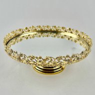 Plateau Doré Rond avec Bordure Perlée sur Pied Ø25 cm - Zeyve Plateau Doré Rond avec Bordure Perlée sur Pied Ø25 cm - Zeyve