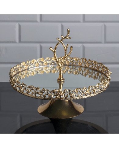 Plateau Doré Rond avec Bordure Perlée sur Pied avec Poignée Ø25 cm - Zeyve