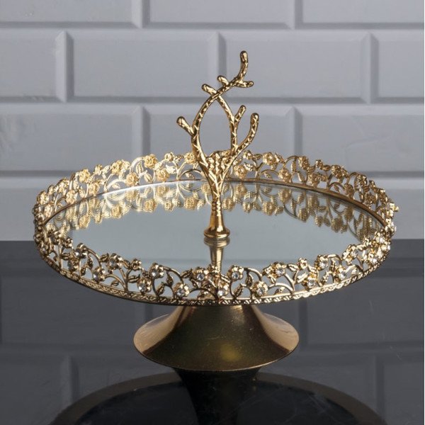 Plateau Doré Rond avec Bordure Perlée sur Pied avec Poignée Ø25 cm - Zeyve