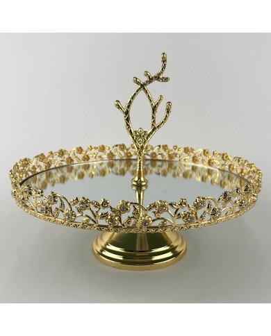 Plateau Doré Rond avec Bordure Perlée sur Pied avec Poignée Ø25cm