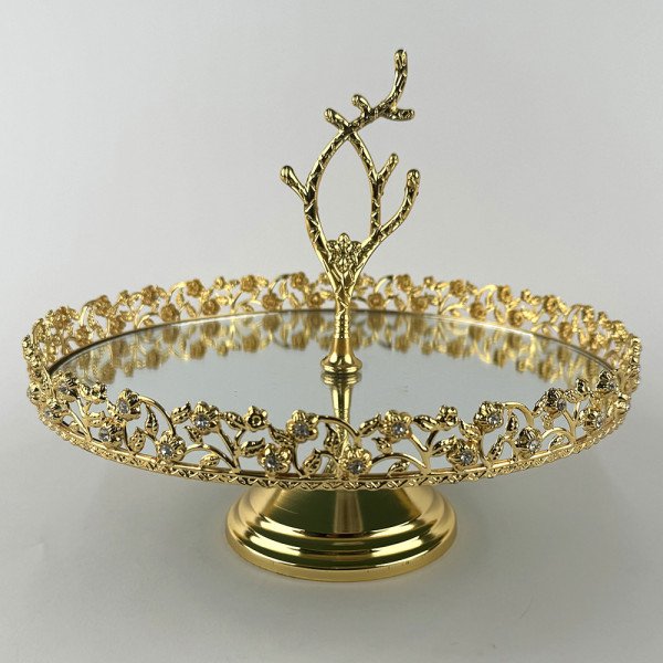 Plateau Doré Rond avec Bordure Perlée sur Pied avec Poignée Ø25cm