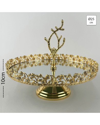 Plateau Doré Rond avec Bordure Perlée sur Pied avec Poignée Ø25cm