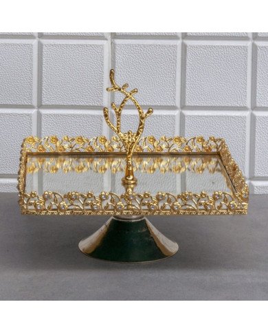 Plateau Doré Carré avec Bordure Perlée sur Pied avec Poignée 25/25 cm - Zeyve