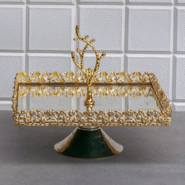 Plateau Doré Carré avec Bordure Perlée sur Pied avec Poignée 25/25 cm - Zeyve