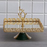 Plateau Doré Carré avec Bordure Perlée sur Pied avec Poignée 25/25 cm - Zeyve