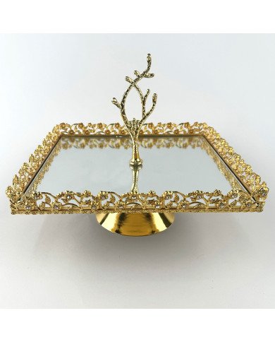 Plateau Doré Carré avec Bordure Perlée sur Pied avec Poignée 25/25 cm