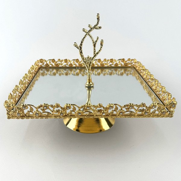 Plateau Doré Carré avec Bordure Perlée sur Pied avec Poignée 25/25 cm