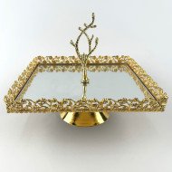 Plateau Doré Carré avec Bordure Perlée sur Pied avec Poignée 25/25 cm