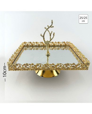 Plateau Doré Carré avec Bordure Perlée sur Pied avec Poignée 25/25 cm