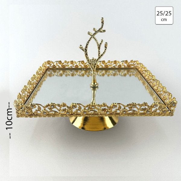 Plateau Doré Carré avec Bordure Perlée sur Pied avec Poignée 25/25 cm