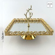 Plateau Doré Carré avec Bordure Perlée sur Pied avec Poignée 25/25 cm