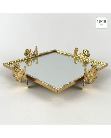 Plateau Doré Carré avec Bordure Perlée avec 4 Pieds en Papillon 18/18 cm - Helvacioglu