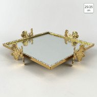 Plateau Doré Carré avec Bordure Perlée avec 4 Pieds en Papillon 25/25 cm - Helvacioglu