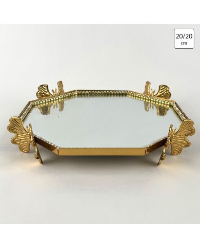 Plateau Doré Octogonal avec Bordure Perlée avec 4 Pieds en Papillon 20/20 cm - Helvacioglu