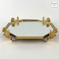 Plateau Doré Octogonal avec Bordure Perlée avec 4 Pieds en Papillon 25/25 cm - Helvacioglu