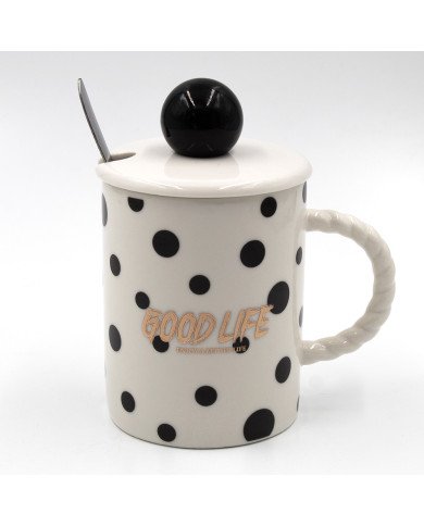 Mug Chop en Céramique Good Life avec Couvercle et Cuillère 400 ml Mug Chop en Céramique Good Life avec Couvercle et Cuillère 400 ml