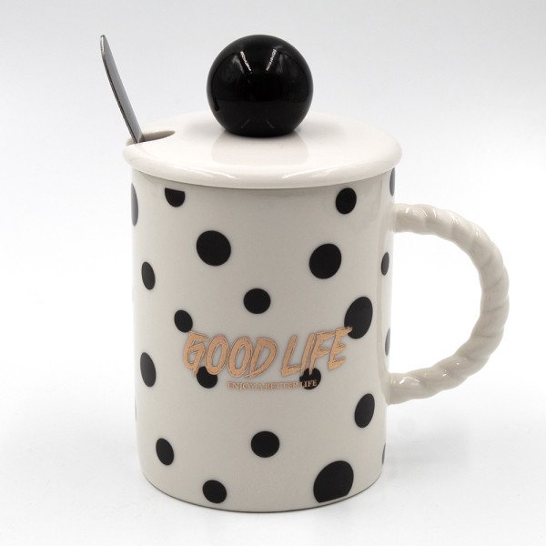 Mug Chop en Céramique Good Life avec Couvercle et Cuillère 400 ml Mug Chop en Céramique Good Life avec Couvercle et Cuillère 400 ml