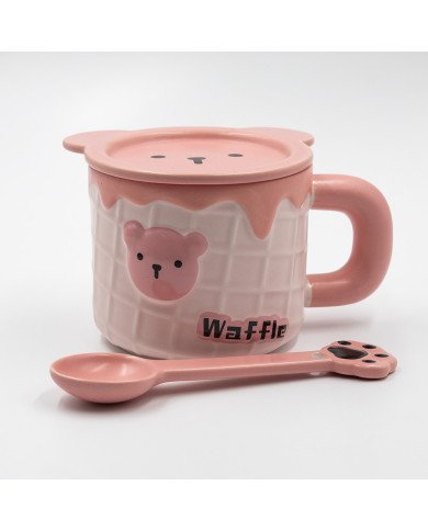 Mug Chop en Céramique avec Couvercle Sous-tasse et Cuillère Waffle 450 ml Mug Chop en Céramique avec Couvercle Sous-tasse et Cuillère Waffle 450 ml