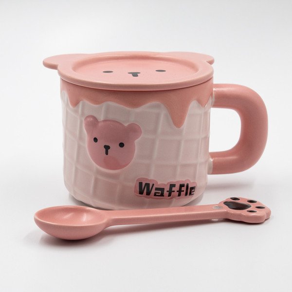 Mug Chop en Céramique avec Couvercle Sous-tasse et Cuillère Waffle 450 ml Mug Chop en Céramique avec Couvercle Sous-tasse et Cuillère Waffle 450 ml
