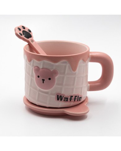 Mug Chop en Céramique avec Couvercle Sous-tasse et Cuillère Waffle 450 Mug Chop en Céramique avec Couvercle Sous-tasse et Cuillère Waffle 450