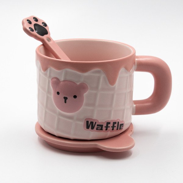 Mug Chop en Céramique avec Couvercle Sous-tasse et Cuillère Waffle 450