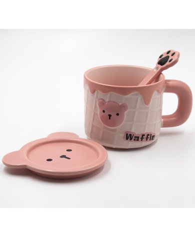 Mug Chop en Céramique avec Couvercle Sous-tasse et Cuillère Waffle 450 Mug Chop en Céramique avec Couvercle Sous-tasse et Cuillère Waffle 450