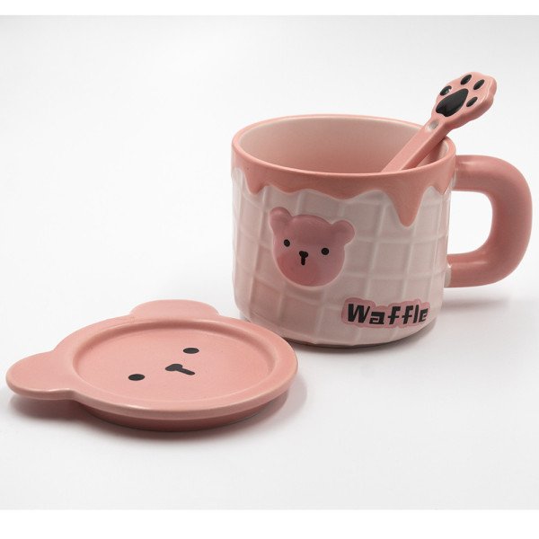 Mug Chop en Céramique avec Couvercle Sous-tasse et Cuillère Waffle 450