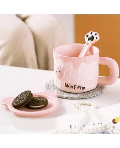 Mug Chop en Céramique avec Couvercle Sous-tasse et Cuillère Waffle 450 Mug Chop en Céramique avec Couvercle Sous-tasse et Cuillère Waffle 450