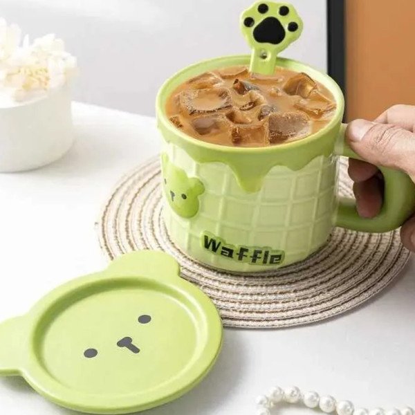 Mug Chop en Céramique avec Couvercle Sous-tasse et Cuillère Waffle 450