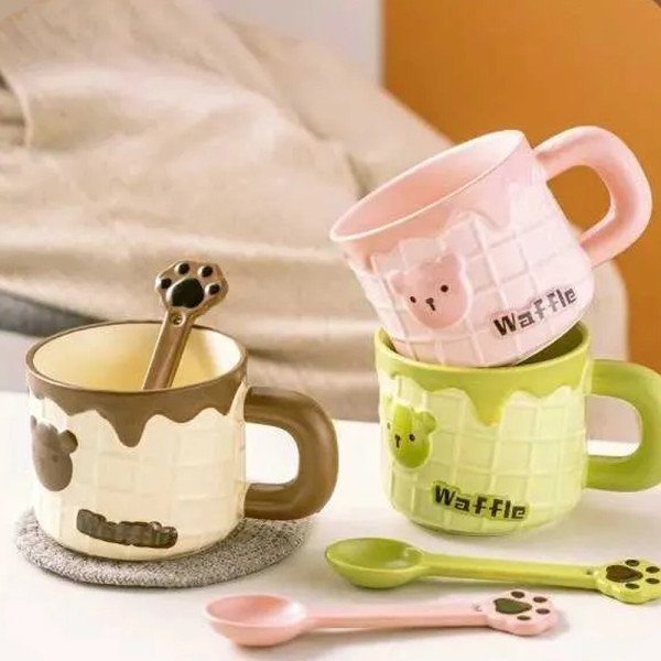 Mug Chop en Céramique avec Couvercle Sous-tasse et Cuillère Waffle 450