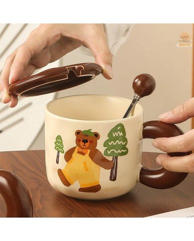 Mug Chop en Céramique avec Couvercle et Cuillère Bear 450 ml Mug Chop en Céramique avec Couvercle et Cuillère Bear 450 ml