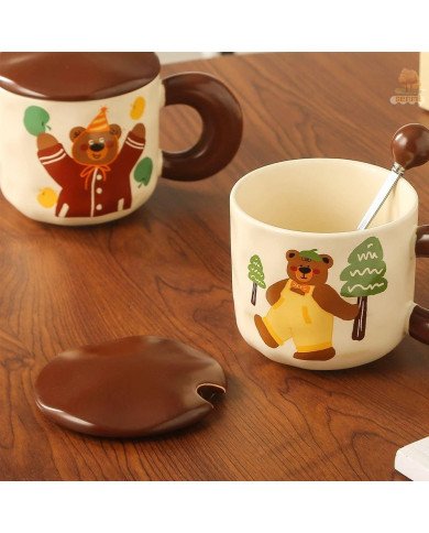 Mug Chop en Céramique avec Couvercle et Cuillère Bear 450 ml Mug Chop en Céramique avec Couvercle et Cuillère Bear 450 ml