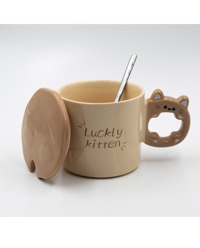 Mug Chop en Céramique Luckly Kitten avec Couvercle et Cuillère 450 ml Mug Chop en Céramique Luckly Kitten avec Couvercle et Cuillère 450 ml