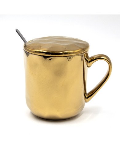 Mug Chop en Céramique Golden avec Couvercle et Cuillère 450 ml Mug Chop en Céramique Golden avec Couvercle et Cuillère 450 ml