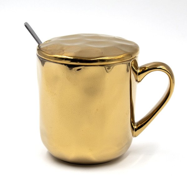 Mug Chop en Céramique Golden avec Couvercle et Cuillère 450 ml Mug Chop en Céramique Golden avec Couvercle et Cuillère 450 ml